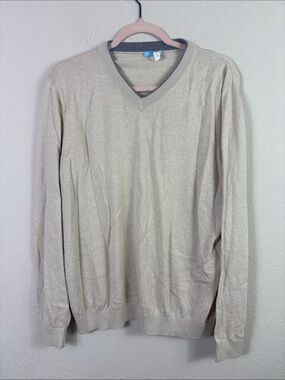J. McLaughlin Cashmere Blend Beige V-neck Ribbed Trims Pullover Sweater sz Large